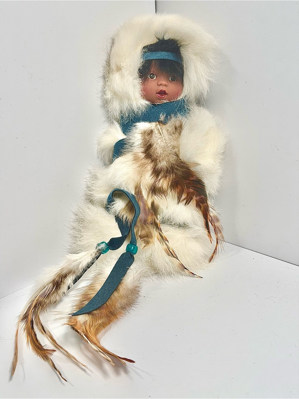 Inuit Vintage Doll Real Fur, Feathers and Leather Handmade Papoos